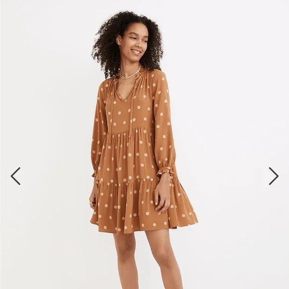 Madewell Tie-Neck Tiered Mini Dress in Bloom Dot Size Small